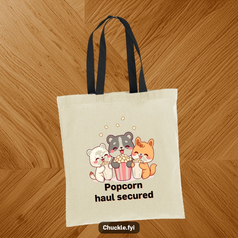 Funny tote bag showcasing three cute animal characters happily sharing a bowl of popcorn, a delightful depiction of friendship and shared enjoyment.